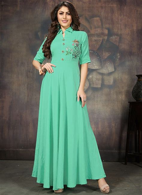 Rayon Green Embroidered Party Wear Kurti Party Wear Long Gowns