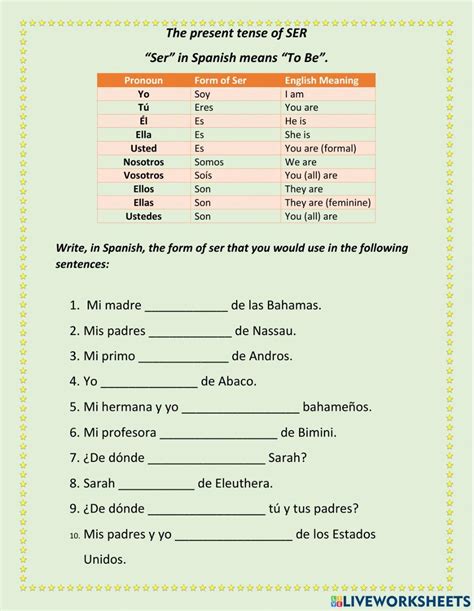 Present Tense Of Ser Interactive Worksheet Live Worksheets Worksheets Library