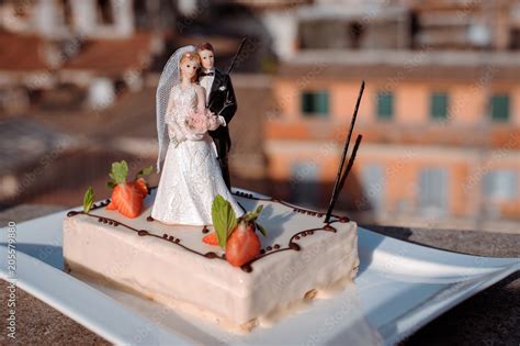 Decorated By Flowers White Naked Cake Rustic Style For Weddings Birthdays And Events Stock