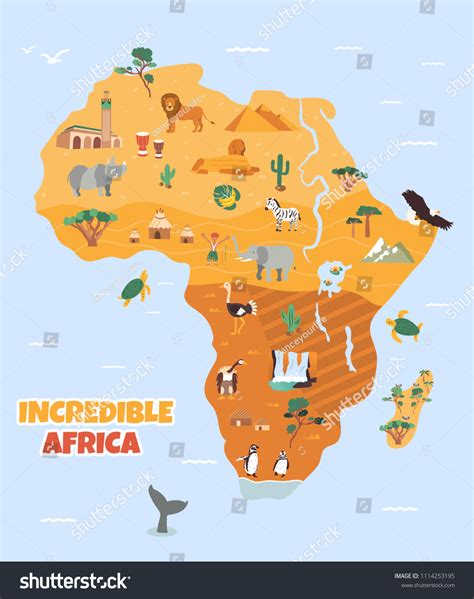 Vektor Stok Africa Tourist Map Famous Animals Landmarks (Tanpa Royalti