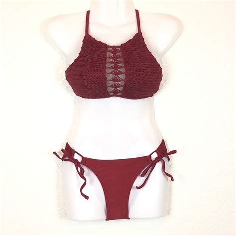 Xhilaration Rust Crochet High Neck Bikini XS Small Gem