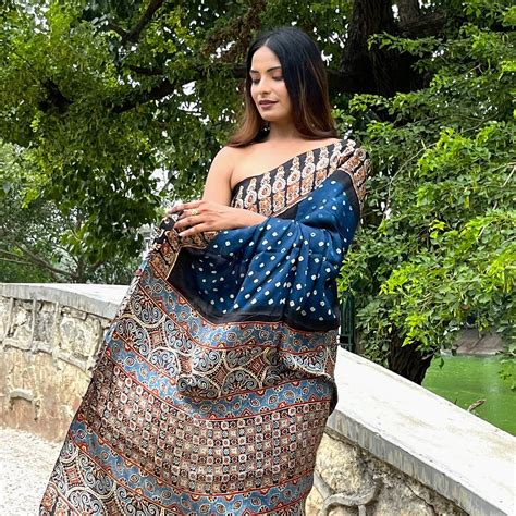 Blue Bandhej Ajrakh Modal Silk Saree Authentic Ajrakh Hand Etsy