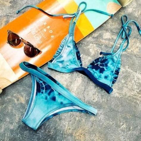 Fashion Women Blue Tie Dye Pleated Edge Two Piece Bikini On Luulla