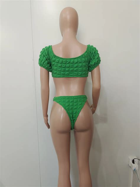 Summer Popcorn Sexy Three Piece Bikini Set With Off Shoulder Crop Top And Panties And Tie Up