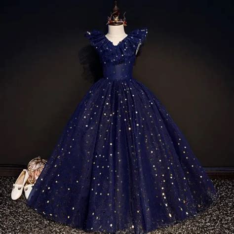 Starry Sky Navy Blue Birthday Flower Girl Dresses 2020 Ball Gown V Neck