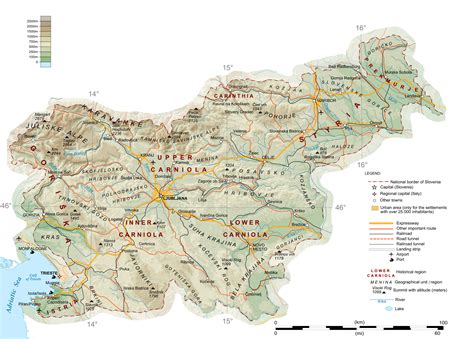 Large detailed physical map of Slovenia with roads, railroads, cities