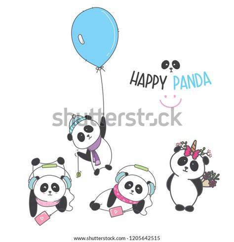 Set Stylized Pandas Different Positions Illustration Stock Vector