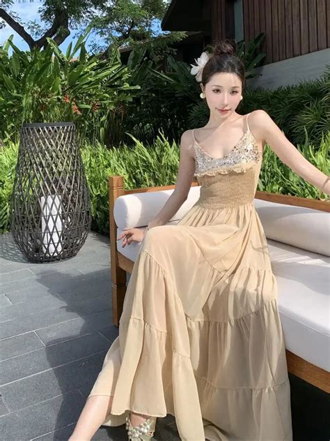 Lace Trimmed Nude Maxi Dress With Spaghetti Straps On Luulla