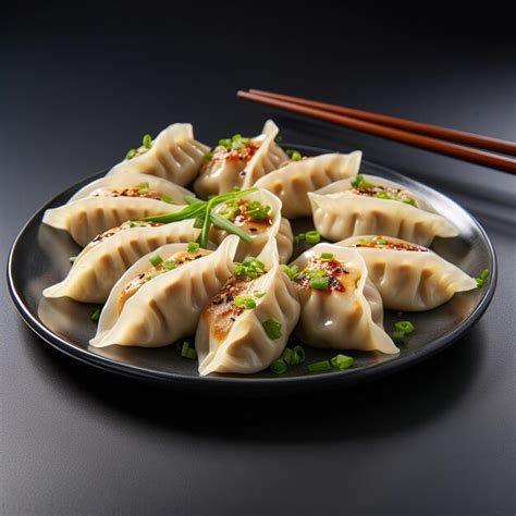 Gyoza Japanese Korean Dumplings On Gray Plate Isolated On A White