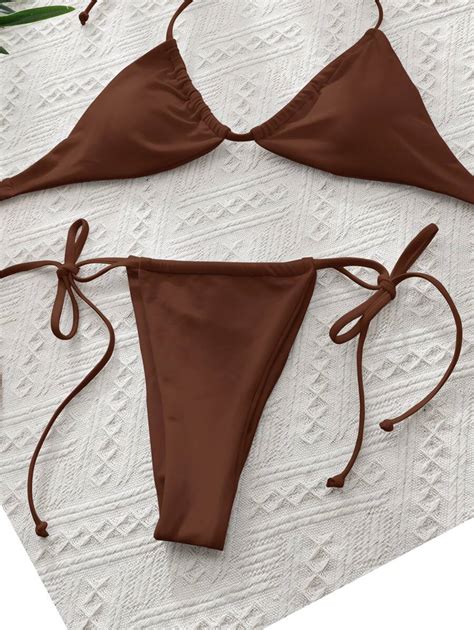 SHEIN Swim Summer Beach Solid Bikini Set Versatile Self Tie Halter Micro Bra Thong Bottom