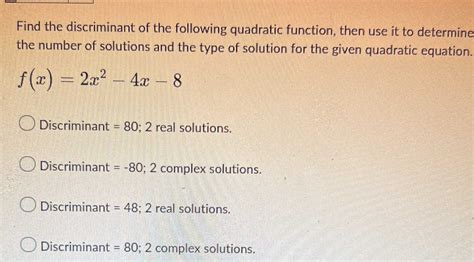 Find The Discriminant Of The Following Quadratic F Cameramath