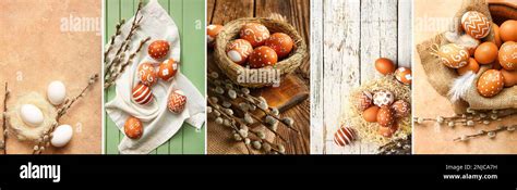Collage With Easter Eggs And Pussy Willow Branches Stock Photo Alamy