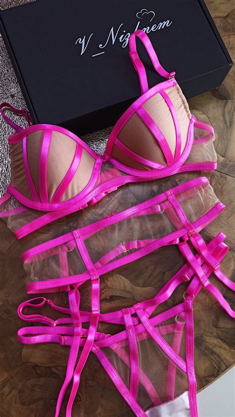 Neon Pink Lingerie Underwear Hot Lingerie Set Transparent Underwear Etsy