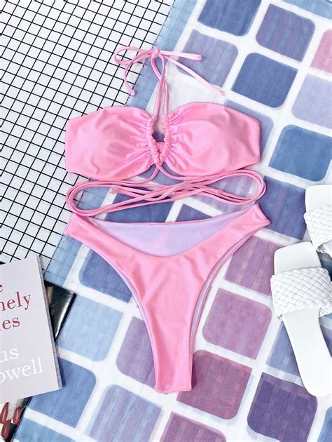 SHEIN Swim Ensemble de bikini unicolore soutien gorge croisé ras du cou Bas échancré 2 pièces