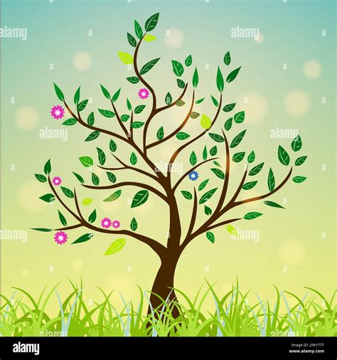 Abstract tree with green leaves, flowers on a colorful and sunny ...