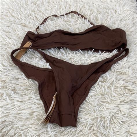 Skims Swim Skims Swim Cheeky Tanga Bottom And Bandeau Bikini Top Cocoa In Set Poshmark