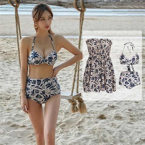 Swimsuit 3 Pieces Bikini Sets Women Swimwear Printed Underwired With Mesh Dress High Waist