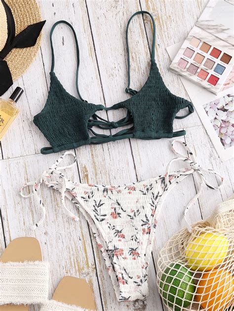 ZAFUL Flower Smocked Cutout Mix And Match String Bikini Swimsuit Women S Fashion Swimwear