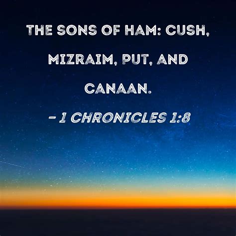 1 Chronicles 1:8 The sons of Ham: Cush, Mizraim, Put, and Canaan.