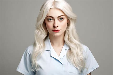 Premium Photo Portrait Of A Beautiful Blonde Woman In A Blue Shirt On A Gray Background