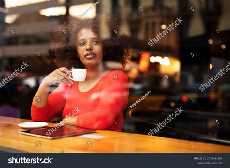 Beautiful African Woman Drinking Coffee Cafe Stock Photo 2035033688 ...