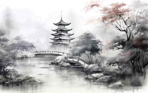 Premium AI Image | Bamboo garden surrounding pagoda chinese painting ...