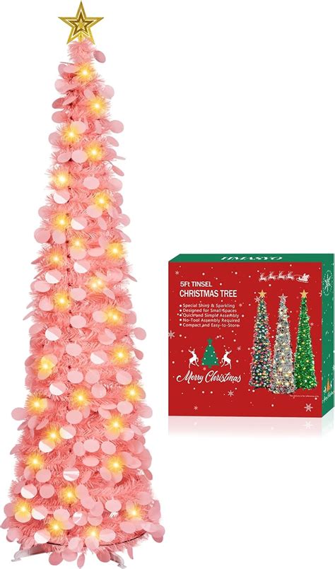 HMASYO Árbol de Navidad de oropel de 5 pies con 50 luces LED de color