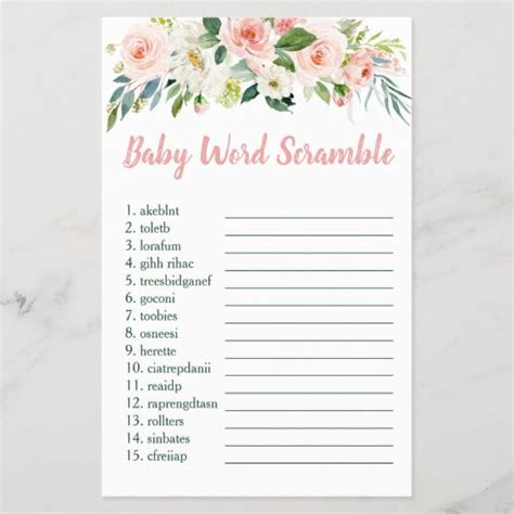 Blush Pink Floral Baby Shower Word Scramble Game Zazzle