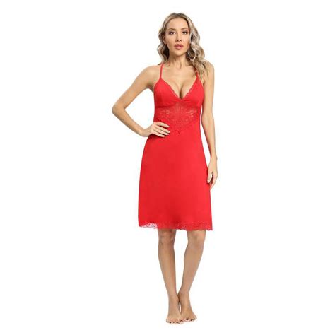 Wbq Womens Lingerie Lace Chemise Nightgown Full Slip Sleep Dress V Neck Nightwearred Walmart