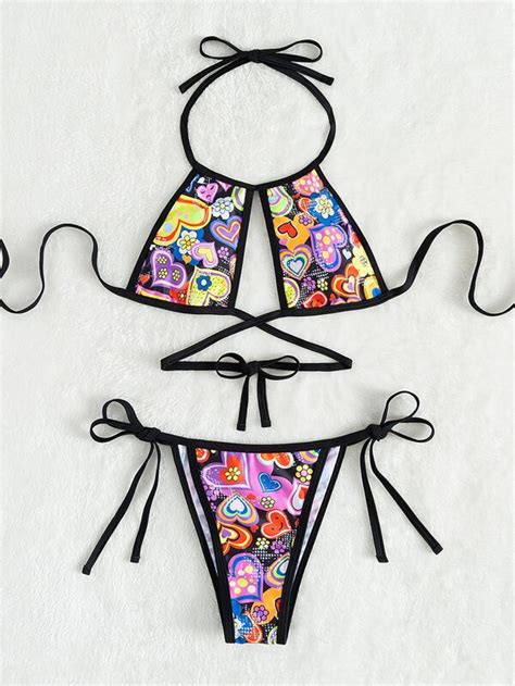 Heart Pattern Cross Tie Side Bikini Swimsuit Shein Usa