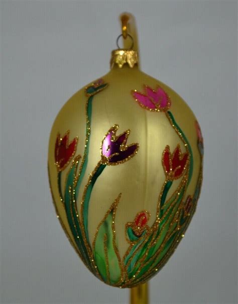 Vintage Gold Glass Egg Shaped Ornament Painted Tulips Ebay Hand Painted Ornaments Vintage