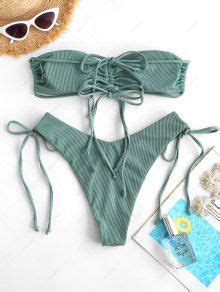 ZAFUL Cinched Ribbed Tie Bandeau Bikini Swimsuit In LIGHT GREEN ZAFUL