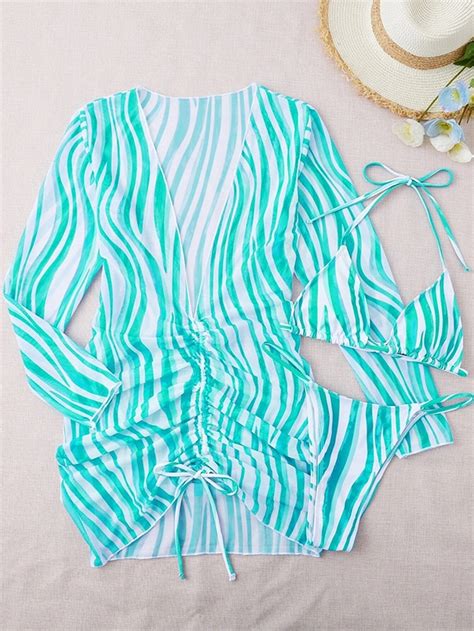 Дамски бански в комплект с плажна туника pack Striped Halter Triangle Thong Bikini Swimsuit