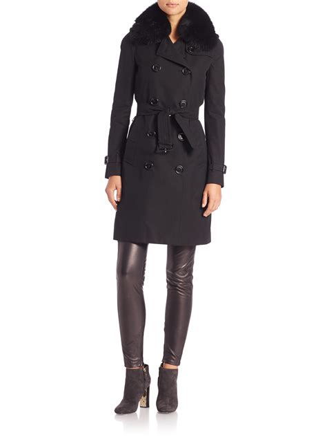 Burberry Fur Collar Trench Coat In Black Lyst