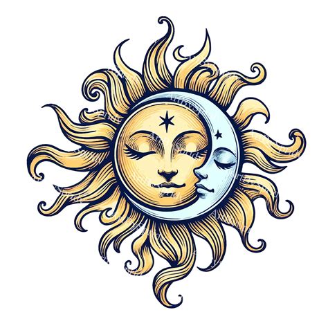 Mystical Sun And Moon Face Design Png Celestial Art Clipart Boho Cosmic