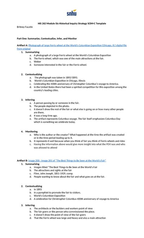 His Module Six Historical Inquiry Strategy Scim C Template