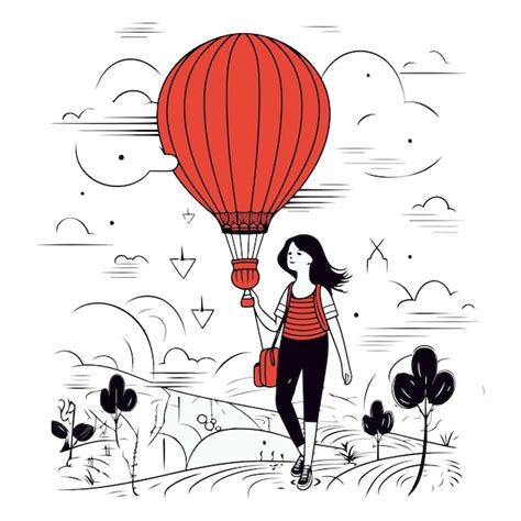 Premium Vector Vector Illustration Of A Girl Flying On A Hot Air Balloon Over The Countryside