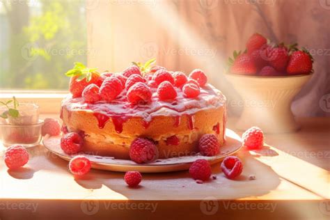 Ai Generated Glistening Raspberry Cake In Sunlight Generate Ai