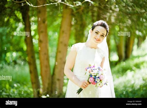 Gorgeus Brunette Bride Outdoors Stock Photo Alamy