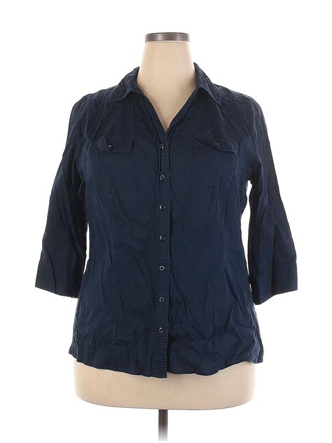 Lane Bryant 100 Cotton Navy Blue 3 4 Sleeve Button Down Shirt Size 18