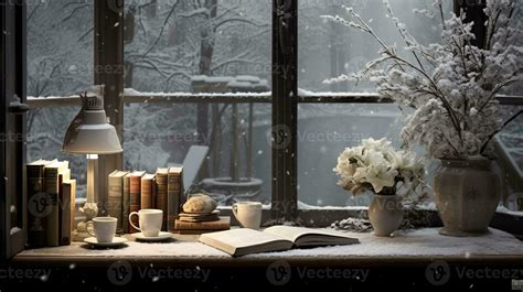 Cozy winter scene. Coffee, open book, and plaid on vintage windowsill