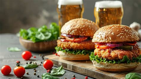 Fresh Gourmet Chicken Burger with Cheese Closeup on Wooden Rustic Table with Rustic Potato Stock ...