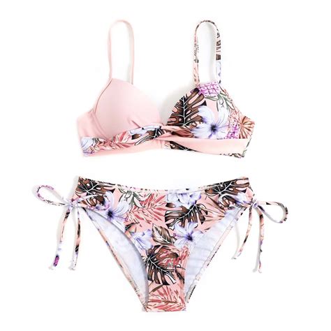 Rewera Bikini Swimsuit Swimwear Floral Print Twist Front Adjustable Straps Lace Up High Waist