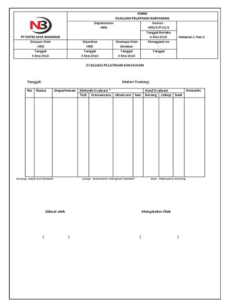 Form Evaluasi Pelatihan Karyawan Pdf