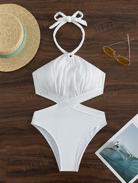 Shein Swim Fato De Banho De Uma Pe A Cortar Fora Busto Franzido Pesco O