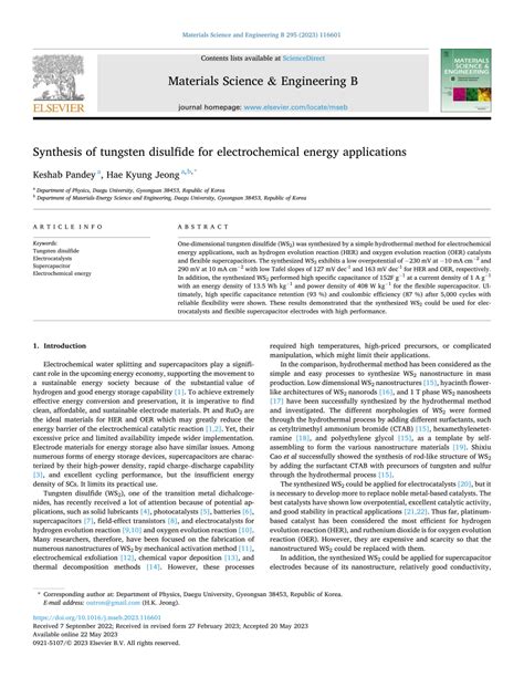 PDF Synthesis Of Tungsten Disulfide For Electrochemical Energy