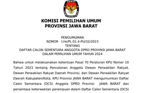 KPU Jabar Umumkan Daftar Calon Sementara Anggota DPD RI Dan DPRD