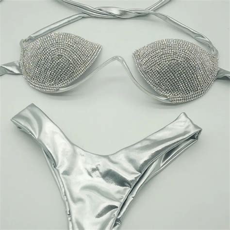 Stick On Crystals Nightclub Swimsuit Bikini Popular Swimwear New High End Nightclub Silver Full
