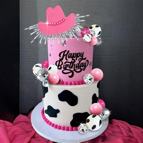 Cowgirl Cake Topper Hot Pink Girl Cake Decoration Shiny Cowgirl Hat Disco Balls For Western