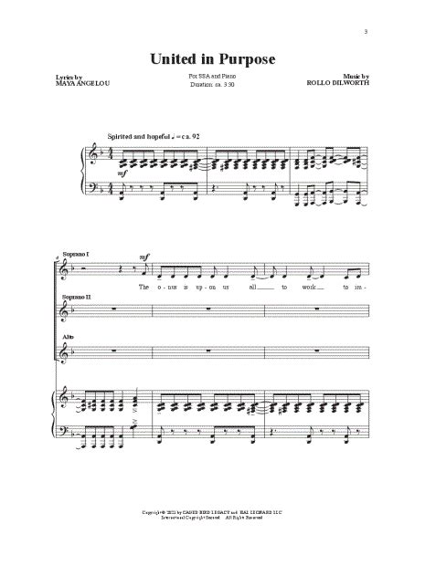 Rollo Dilworth United In Purpose Ssa Choir Piano Choral Sheet Music In D Minor Download